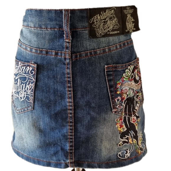 Christian Audigier Mini Denim Y2K Embroidered Panther Skirt Size 31 (Size 12) - Picture 6 of 13